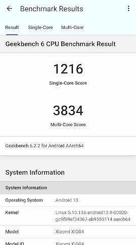 UQモバイル Xiaomi 13T Geekbench6 ベンチマークスコア