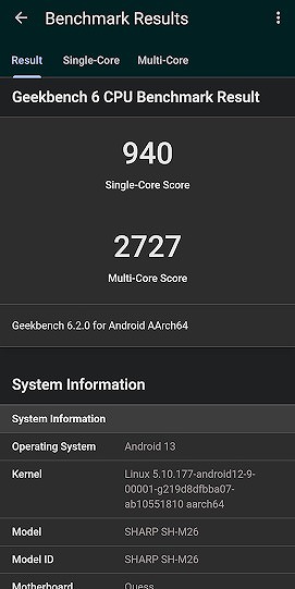 楽天モバイル AQUOS sense8 Geekbench6 ベンチマークスコア